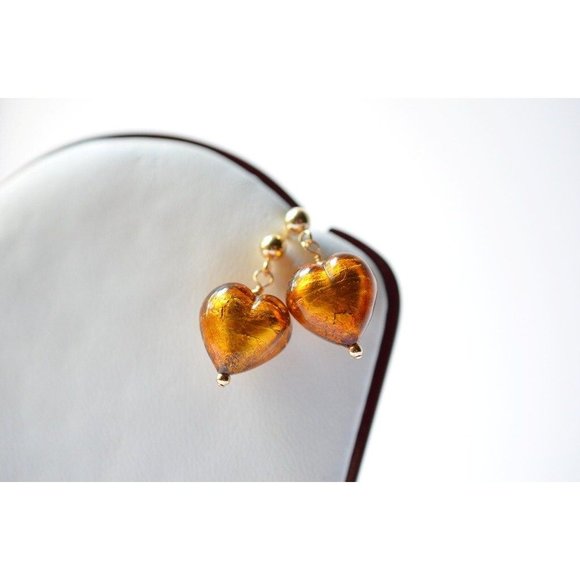 Authentic Murano Glass Studs Earrings Gold Filled Puffy Heart Valentine Posts - Picture 1 of 3